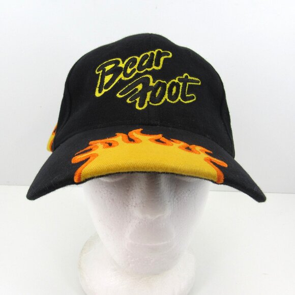 Bear Foot Embroidered Logo with Flames Men's Black Adjustable Strap Back Cap Hat - Picture 2 of 8